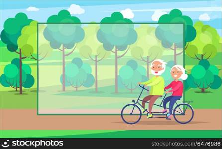 Happy Mature Couple Riding Together on Bike. Happy mature couple riding together on bike on background of green trees in park vector with frame for text. Husband and wife on retirement