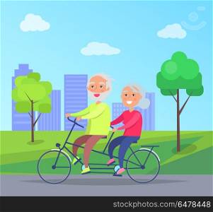 Happy Mature Couple Riding Together on Bike. Happy mature couple riding together on bike on background of skyscrapers in city park vector illustration. Husband and wife on retirement