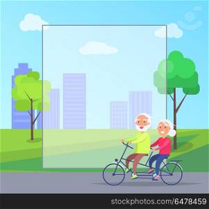 Happy Mature Couple Riding Together on Bike. Happy mature couple riding together on bike on background of skyscrapers in city park vector with frame for text. Husband and wife on retirement