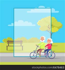 Happy Mature Couple Riding Together on Bike. Happy mature couple riding together on bike on background of bench and green tree in city park vector with frame for text. Husband and wife on retirement