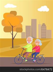 Happy Mature Couple Riding Together on Bike. Happy mature couple riding together on bike on background of skyscrapers in city park at sunset vector illustration. Husband and wife on retirement