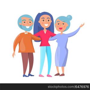 Happy Mature Family Wife and Husband and Daughter. Happy mature family wife and husband and their grown up daughter or granddaughter vector illustration isolated on white. Family members cartoon characters