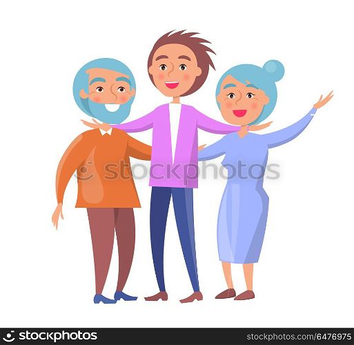Happy Mature Family Wife and Husband and Son. Happy mature family wife and husband and their grown up son vector illustration isolated on white. Family members cartoon characters