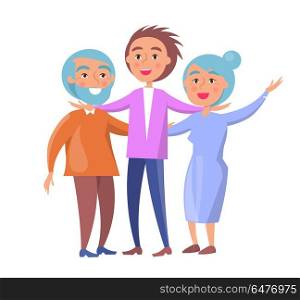 Happy Mature Family Wife and Husband and Son. Happy mature family wife and husband and their grown up son vector illustration isolated on white. Family members cartoon characters