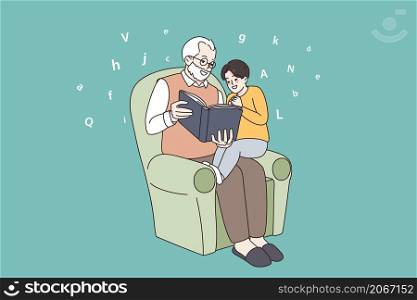 Happy mature grandfather sit in armchair reading book to little grandson enjoy weekend together. Caring granddad relax in chair with small grandchild. Old and young generation. Vector illustration. . Mature grandfather read book to small grandson