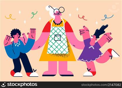 Happy mature grandmother have fun play with small grandchildren on weekend. Excited little kids children enjoy time with old granny. Grandparents love and care. Flat vector illustration. . Happy old grandmother enjoy time with grandchildren