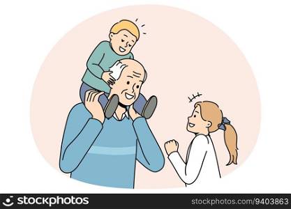 Happy mature grey-haired grandfather playing with small grandchildren. Loving grandpa have fun enjoy playful activity or game with little grandkids. Family bond. Vector illustration.. Senior grandfather playing with little grandkids