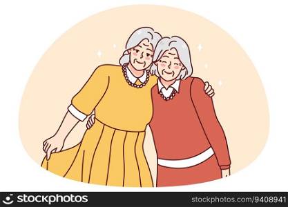 Happy mature grey-haired women hugging enjoying lifelong friendship. Smiling elderly grandmothers embrace show unity and love. Aging concept. Vector illustration.. Happy elderly women friends hugging