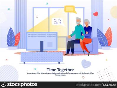 Happy Mature Married Couple Spending Time Together at Home. Aged Loving Man Woman Watching TV Show. Evening Pastime. Cozy Living Room Interior. Retired People. Flat Poster. Vector Cartoon Illustration. Happy Mature Couple Spend Time Together at Home
