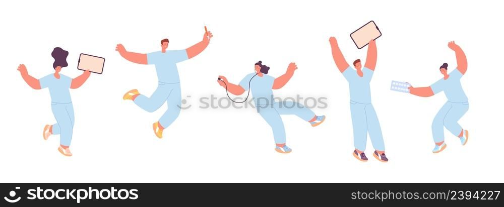 Happy medical team flying with pills. Doctors and nurses, hospital workers in uniform. Flat cartoon medicine professionals, woman and man isolated vector set. Illustration of character happy flying. Happy medical team flying with pills. Doctors and nurses, hospital workers in uniform. Flat cartoon medicine professionals, woman and man isolated vector set