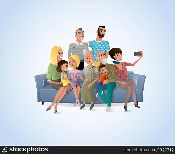 Happy Members of Big Family Gathered Together at Home Making Selfie, Shooting Group Portrait on Cellphone while Sitting on Sofa Cartoon Vector Illustration. Three Generations of United Family Concept