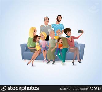Happy Members of Big Family Gathered Together at Home Making Selfie, Shooting Group Portrait on Cellphone while Sitting on Sofa Cartoon Vector Illustration. Three Generations of United Family Concept