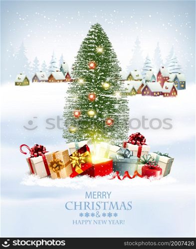 Happy Merry Christmas and New Year holiday background with presents, christmas tree and and winter village. Vector.