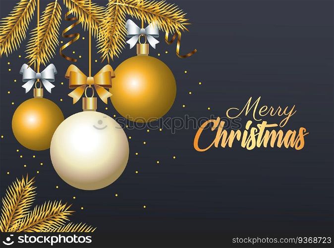 happy merry christmas golden lettering with balls and firs vector illustration design. happy merry christmas golden lettering with balls and firs