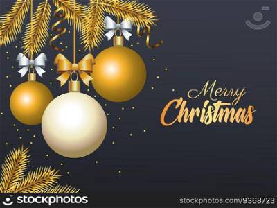 happy merry christmas golden lettering with balls and firs vector illustration design. happy merry christmas golden lettering with balls and firs