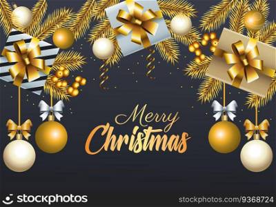 happy merry christmas golden lettering with balls and gifts vector illustration design. happy merry christmas golden lettering with balls and gifts