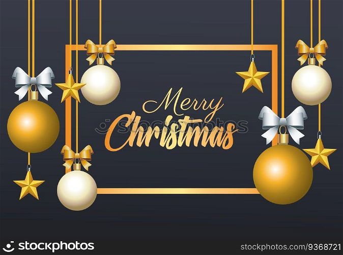 happy merry christmas golden lettering with balls and stars hanging vector illustration design. happy merry christmas golden lettering with balls and stars hanging