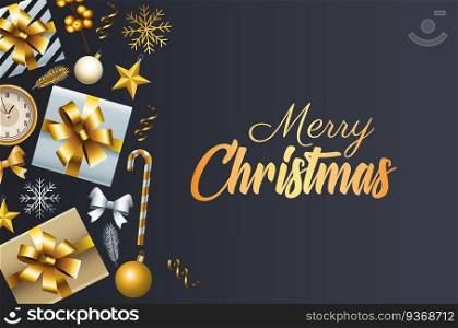 happy merry christmas golden lettering with gifts and decorative icons vector illustration design. happy merry christmas golden lettering with gifts and decorative icons