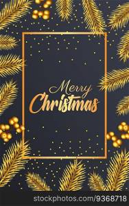 happy merry christmas golden lettering with seeds and firs frame vector illustration design. happy merry christmas golden lettering with seeds and firs frame
