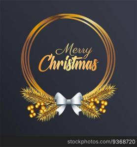 happy merry christmas golden lettering with silver bow in circular frame vector illustration design. happy merry christmas golden lettering with silver bow in circular frame