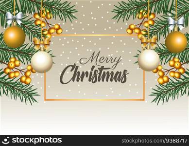 happy merry christmas lettering with firs and balls in square frame vector illustration design. happy merry christmas lettering with firs and balls in square frame