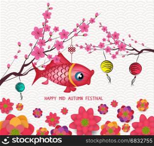 Happy mid autumn festival blooming flower and carp lantern design
