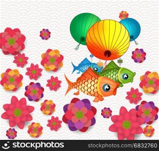 Happy mid autumn festival blooming flower and carp lantern design