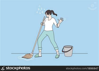 Happy millennial girl have fun cleaning house with mop, enjoy domestic chores. Optimistic overjoyed woman housewife dancing singing doing housework. Housekeeping. Cartoon flat vector illustration.. Happy housewife sing dance in mop when cleaning house