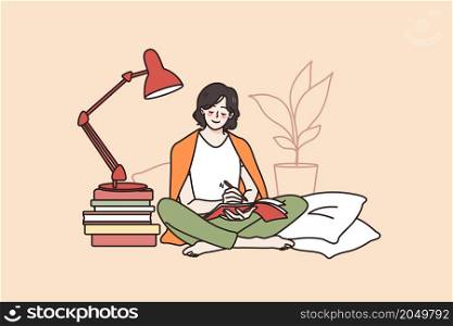 Happy millennial girl sit in bed write in notebook study distant at home. Smiling young woman handwrite take notes learn with books. Distant education and self-development. Flat vector illustration. . Happy girl sit at home write study with books