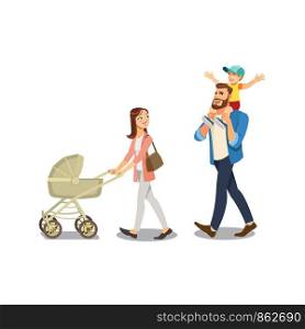 Happy Millennial Parents Walking with Their Little Childrens, Strolling with Baby Carriage, Spending Time Together Cartoon Vector Illustration Isolated on White Background. Family Strolling Concept