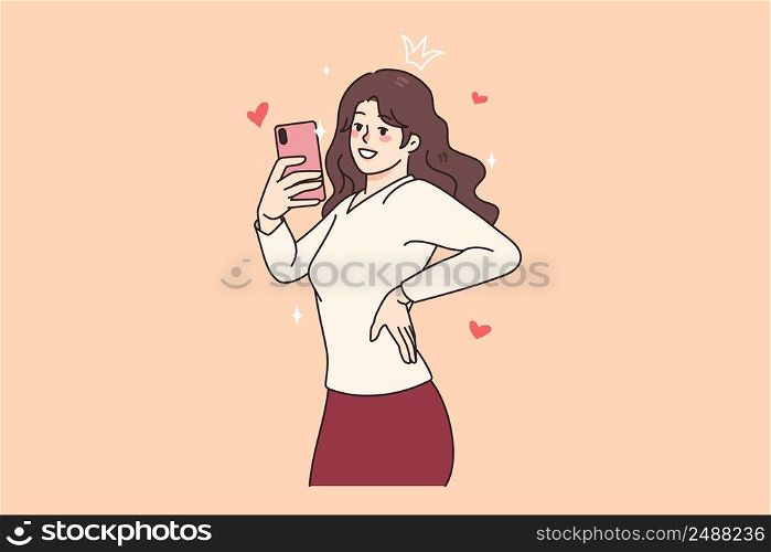Happy millennial pretty girl male self-portrait picture of cellphone. Smiling young woman blogger or social media influencer take selfie on smartphone camera. Flat vector illustration. . Smiling girl blogger make selfie on mobile phone 
