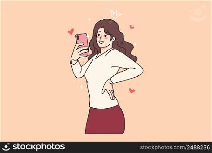 Happy millennial pretty girl male self-portrait picture of cellphone. Smiling young woman blogger or social media influencer take selfie on smartphone camera. Flat vector illustration. . Smiling girl blogger make selfie on mobile phone 