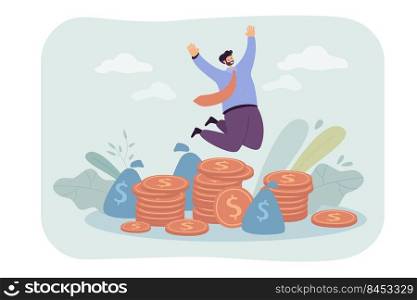 Happy millionaire jumping near pile of coins flat vector illustration. Cartoon businessman or banker celebrating income growth. Finance and stock market concept
