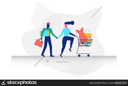 Happy modern character couple in shopping concept illustration for web banner, flyer, landing page, presentation, book cover, article, etc.
