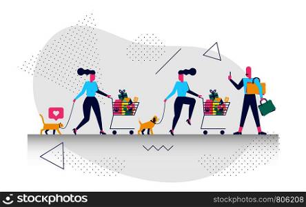 Happy modern character in shopping concept illustration for web banner, flyer, landing page, presentation, book cover, article, etc.
