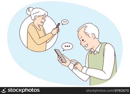 Happy modern grandparents text online on cellphones. Smiling mature man and woman send messages on internet on mobile phone. New technology. Vector illustration.. Happy mature people message online on mobile