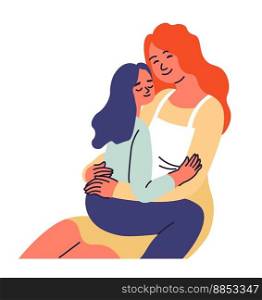 Happy mom and daughter, smiling woman and kid. Mommy and preschooler cuddling and hugging. Mother and girl with closed eyes, family moments and leisure, bonding relationship. Vector in flat style. Daughter cuddling mother happy family relationship
