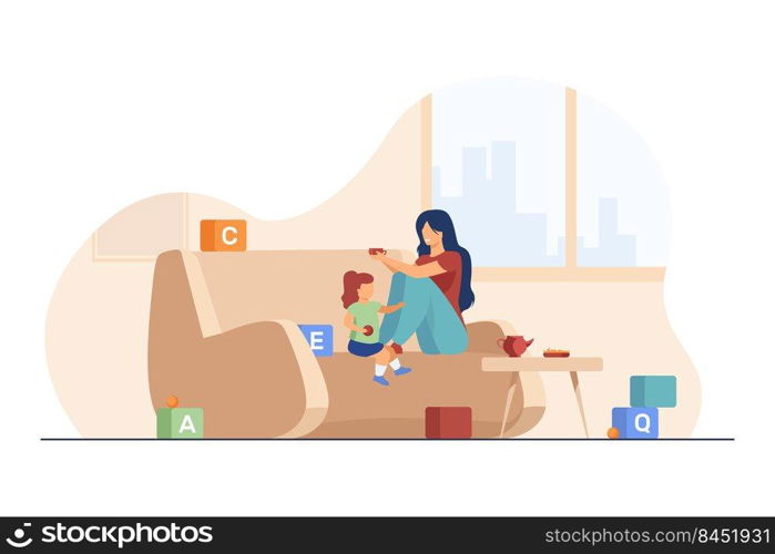 Happy mom and little daughter playing at home. Drinking tea, toy blocks, parent and kid flat vector illustration. Parenthood, motherhood, family concept for banner, website design or landing web page