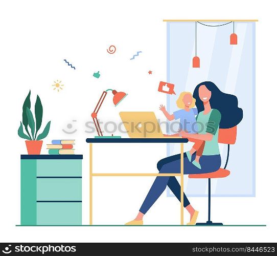 Happy mom combining freelance work and motherhood. Woman sitting at workplace at home and holding child in arms. Flat vector illustration for freelancer, mother, family and career concept