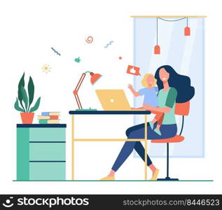 Happy mom combining freelance work and motherhood. Woman sitting at workplace at home and holding child in arms. Flat vector illustration for freelancer, mother, family and career concept