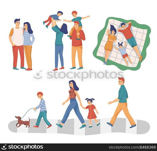 Happy mom, dad and kids to≥ther flat vector illustrations set. Young cartoon men, women andχldren having fun outdoors isolated on white background. Family, love, care, relationship concept