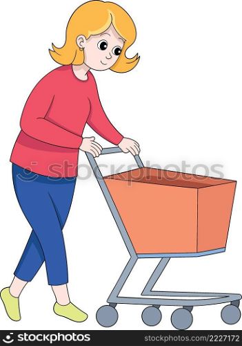 happy mom is pushing a shopping trolley at the market, cartoon flat illustration