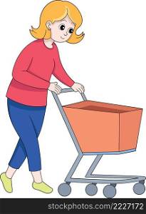 happy mom is pushing a shopping trolley at the market, cartoon flat illustration