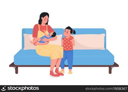 Happy mom with kids semi flat color vector characters. Posings figures. Full body people on white. Relationships isolated modern cartoon style illustration for graphic design and animation. Happy mom with kids semi flat color vector characters