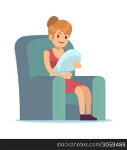 Happy mom with newborn baby. Young female character holding little son and sitting and smiling on armchair in home, motherhood and family concept vector cartoon flat isolated illustration. Happy mom with newborn baby. Young female character holding little son and sitting on armchair in home, motherhood concept vector cartoon flat isolated illustration