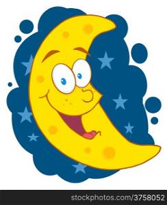 Happy Moon Mascot Cartoon Character In The Sky