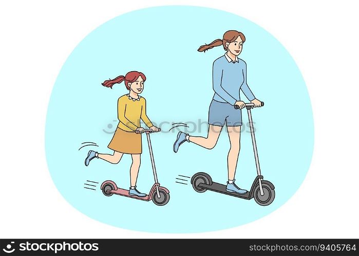 Happy mother and daughter have fun riding scooters together. Smiling mom enjoy weekend with child involved in physical activity. Vector illustration.. Happy mother and child riding scooters