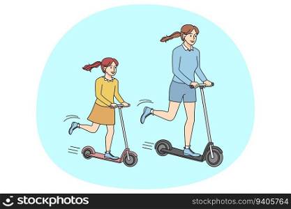 Happy mother and daughter have fun riding scooters together. Smiling mom enjoy weekend with child involved in physical activity. Vector illustration.. Happy mother and child riding scooters