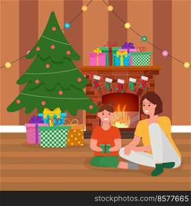 Happy mother and her daughter sitting next to Christmas tree. Cozy Christmas interior. Presents under the tree. Happy mother and her daughter sitting next to Christmas tree. Cozy Christmas interior. Presents under the tree.