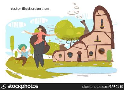 Happy Mother and Son Having Fun, Rest and Playing in Yard. Craft Family. Village Traditional Stone Houses with Garden around and Lake. Trendy Flat Style. Fantasy Scene. Vector Illustration EPS10. Happy Mother and Son Having Fun in Yard near Lake